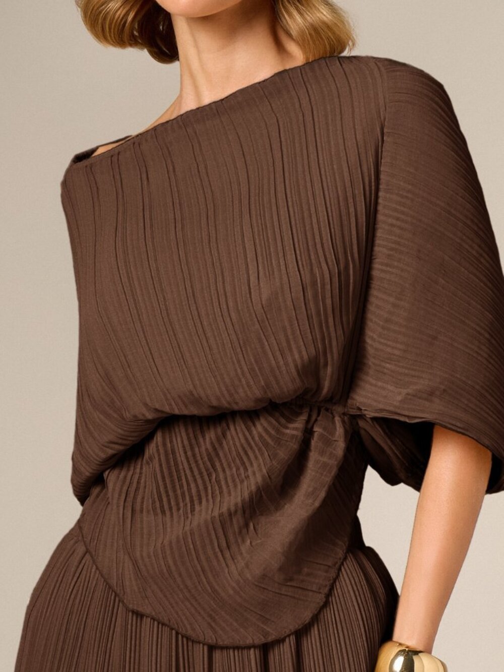Brown Casual Women's Asymmetric Off-Shoulder Top With Batwing Sleeves
